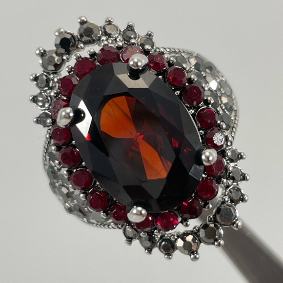 Ring Dark Red Garnet Black Diamond CZ Oval Cut Goth Art Deco Silver Plated